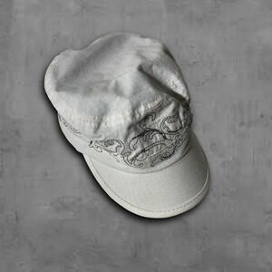 Scala Pronto Womens White Embroidered Military Style Cap Hat One Size Cotton